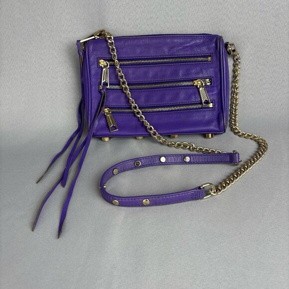 Rebecca Minkoff Purse Mini Five Zip Crossbody Bag or Clutch Purple Leather - Picture 3 of 12